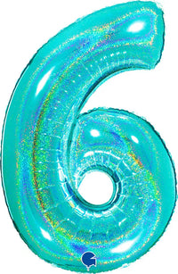 Grabo Tiffany foil balloon in number 6 with holographic glitter finish, 40-inch size, perfect for celebrations and parties.