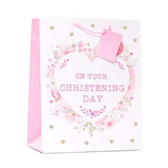 Gift Bag Christening Day Heart Pink Large 6pk