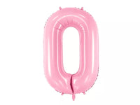 Pink PartyDeco foil balloon shaped as the number zero, 34 inches tall, with shiny metallic surface for celebrations and parties.