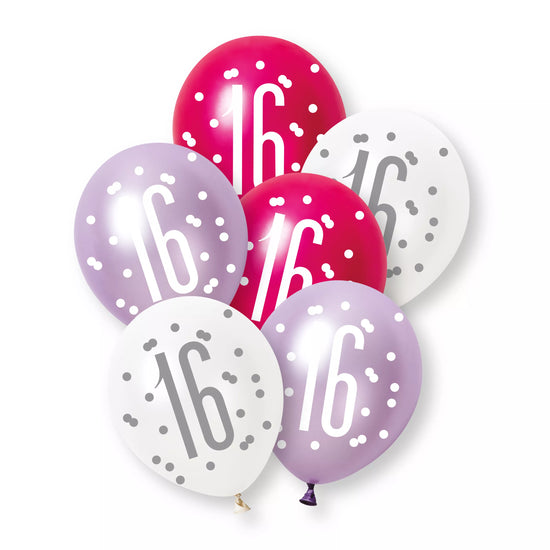 Unique Glitz Age 16 Pink 12" Latex 6pk