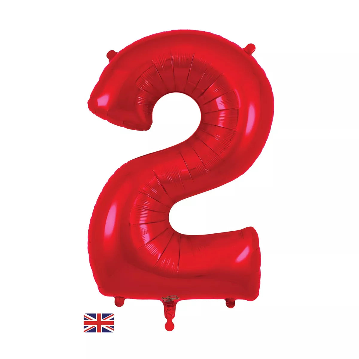 Red Oaktree foil balloon shaped as the number 2, 34 inches tall, suitable for celebrations and party decorations.