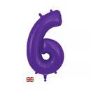 Purple Oaktree foil balloon in the shape of the number 6, measuring 34 inches, with shiny metallic surface and festive design.