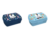 Set of two Gem Imports Lunch Boxes featuring cars, space themes, and dinosaurs, measuring 12x17x6cm, perfect for kids' snacks.