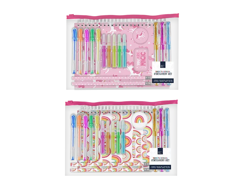 Colorful unicorn and rainbow-themed mixed stationery set by Gem Imports, includes pens, notebooks, and accessories with vibrant designs.