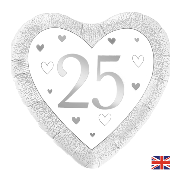 Oaktree Happy 25th Anniversary 18-inch heart-shaped foil balloon in gold with celebratory text, suitable for anniversary decorations.