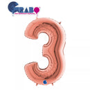 Grabo foil balloon in rose gold, 40-inch number 3 shape, shiny metallic finish, suitable for celebrations and special occasions.