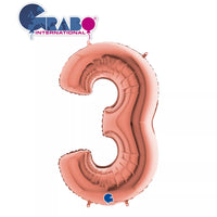 Grabo foil balloon in rose gold, 40-inch number 3 shape, shiny metallic finish, suitable for celebrations and special occasions.