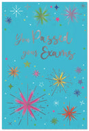 Set of six Simon Elvin C50 Exams cards featuring colorful designs and motivational messages for students.