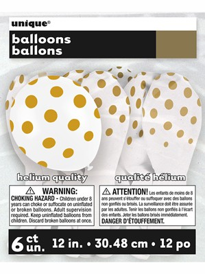 Gold Polka Dots 12" White Latex Balloons 6pk