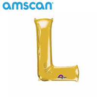 Gold 16-inch Anagram foil balloon in the shape of the letter L, perfect for celebrations and party decorations.