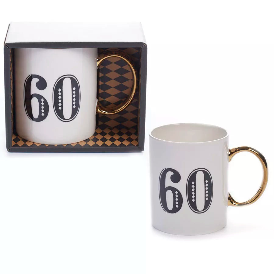 Tiger Feet Age 60 Art Deco mug featuring a colorful design and bold typography, perfect for celebrating a 60th birthday.