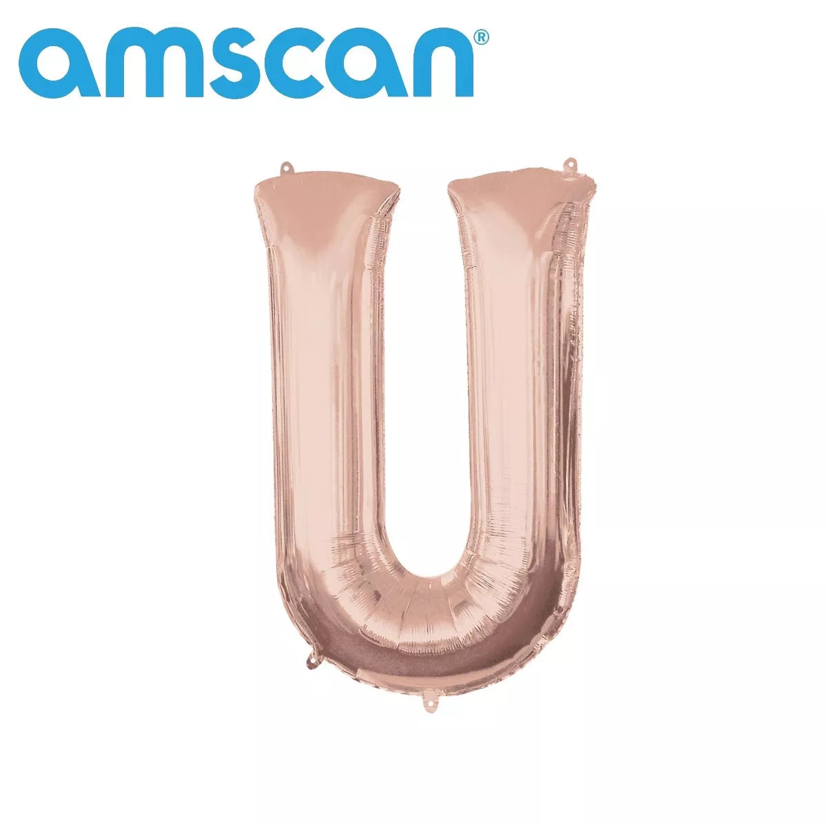 Anagram rose gold foil balloon shaped as the letter U, 16-inch size, shiny metallic finish, suitable for celebrations and decorations.