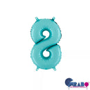 Pastel blue Grabo foil balloon in the shape of the number 8, measuring 14 inches, suitable for celebrations and decorations.