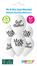 Set of six Gemar 13-inch printed latex balloons featuring Mr & Mrs designs, perfect for wedding or anniversary celebrations.