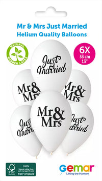 Set of six Gemar 13-inch printed latex balloons featuring Mr & Mrs designs, perfect for wedding or anniversary celebrations.