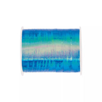 Blue iridescent curling ribbon for balloons, 50 yards long, by Unique, showcasing shiny, wavy ribbon on a white background.