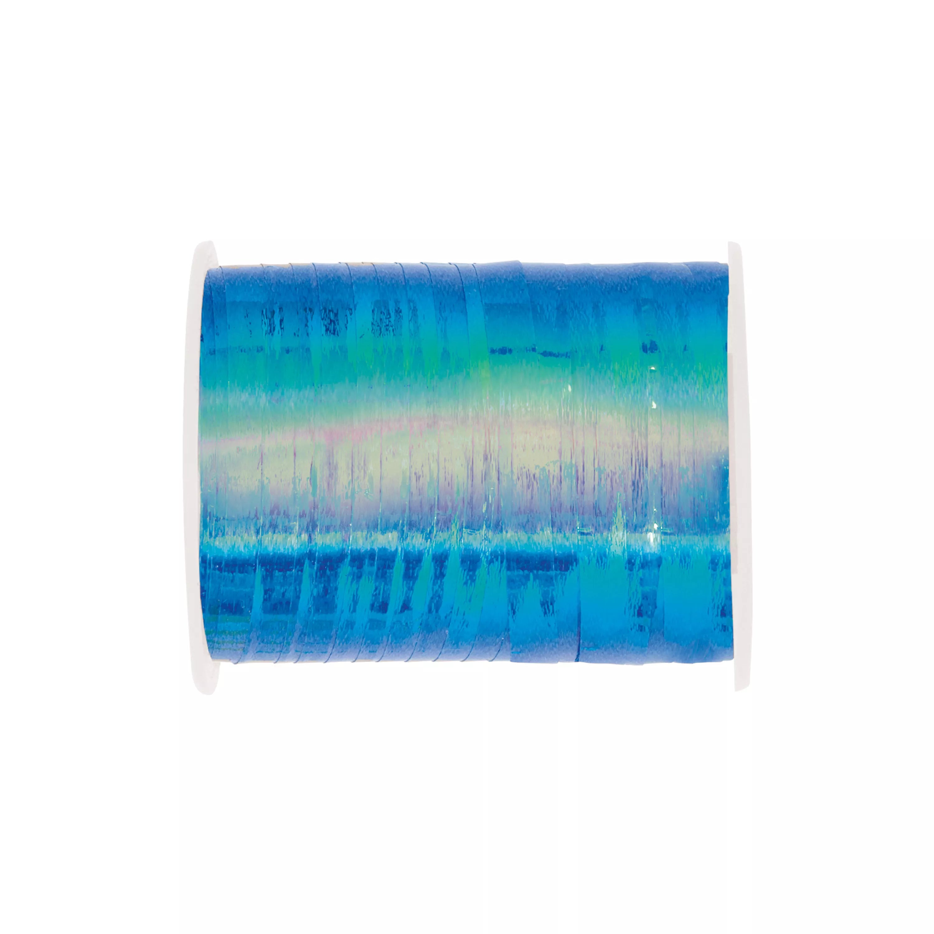 Blue iridescent curling ribbon for balloons, 50 yards long, by Unique, showcasing shiny, wavy ribbon on a white background.