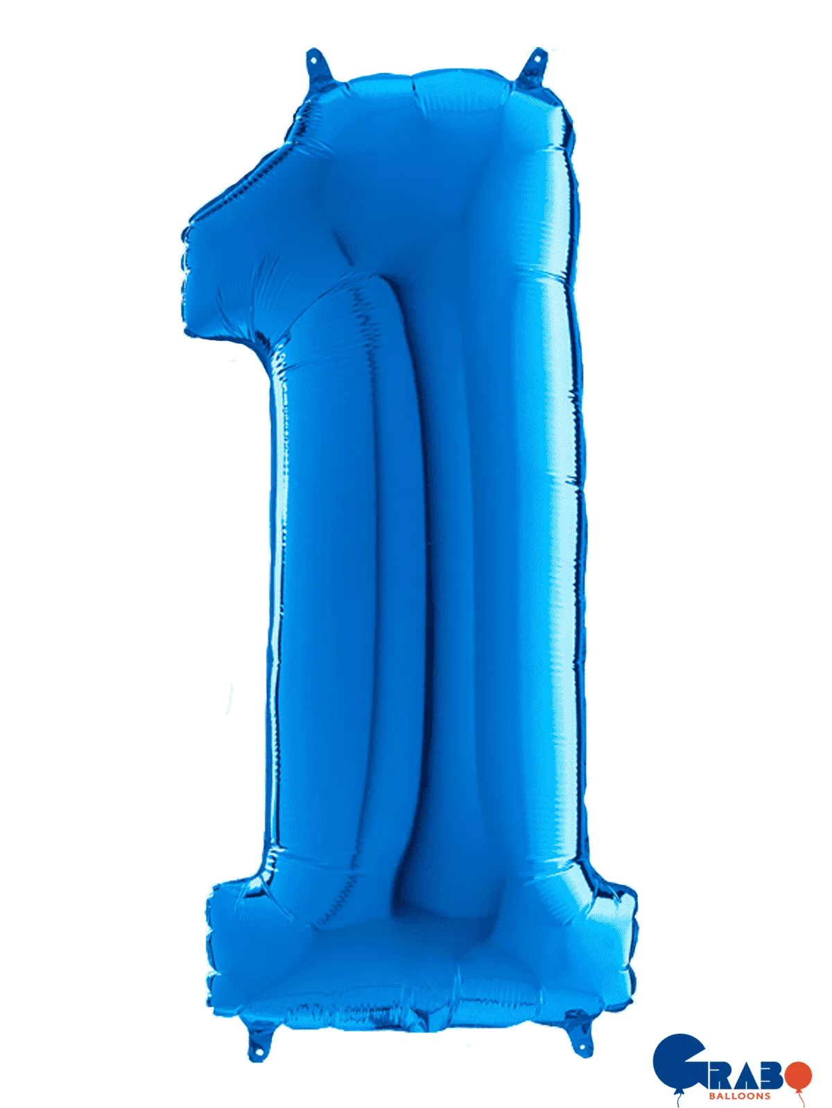 Blue Grabo foil balloon shaped as the number 1, measuring 26 inches tall, suitable for celebrations and decorations.