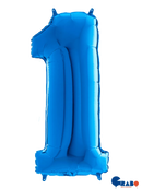 Blue Grabo foil balloon shaped as the number 1, measuring 26 inches tall, suitable for celebrations and decorations.