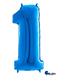 Blue Grabo foil balloon shaped as the number 1, measuring 26 inches tall, suitable for celebrations and decorations.