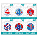 Six small birthday badges by Tiger Feet featuring the number 4, perfect for birthday celebrations and party accessories.