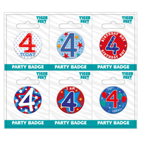 Six small birthday badges by Tiger Feet featuring the number 4, perfect for birthday celebrations and party accessories.