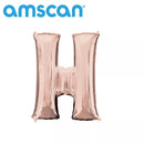 Anagram rose gold foil balloon in 16-inch letter H, shiny metallic finish, floating with a string attached for celebration.