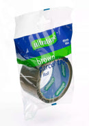 Ultratape brown packing tape, 48mm x 40m, in a 6-pack, showing the tape rolled on a core with a partially unspooled section.