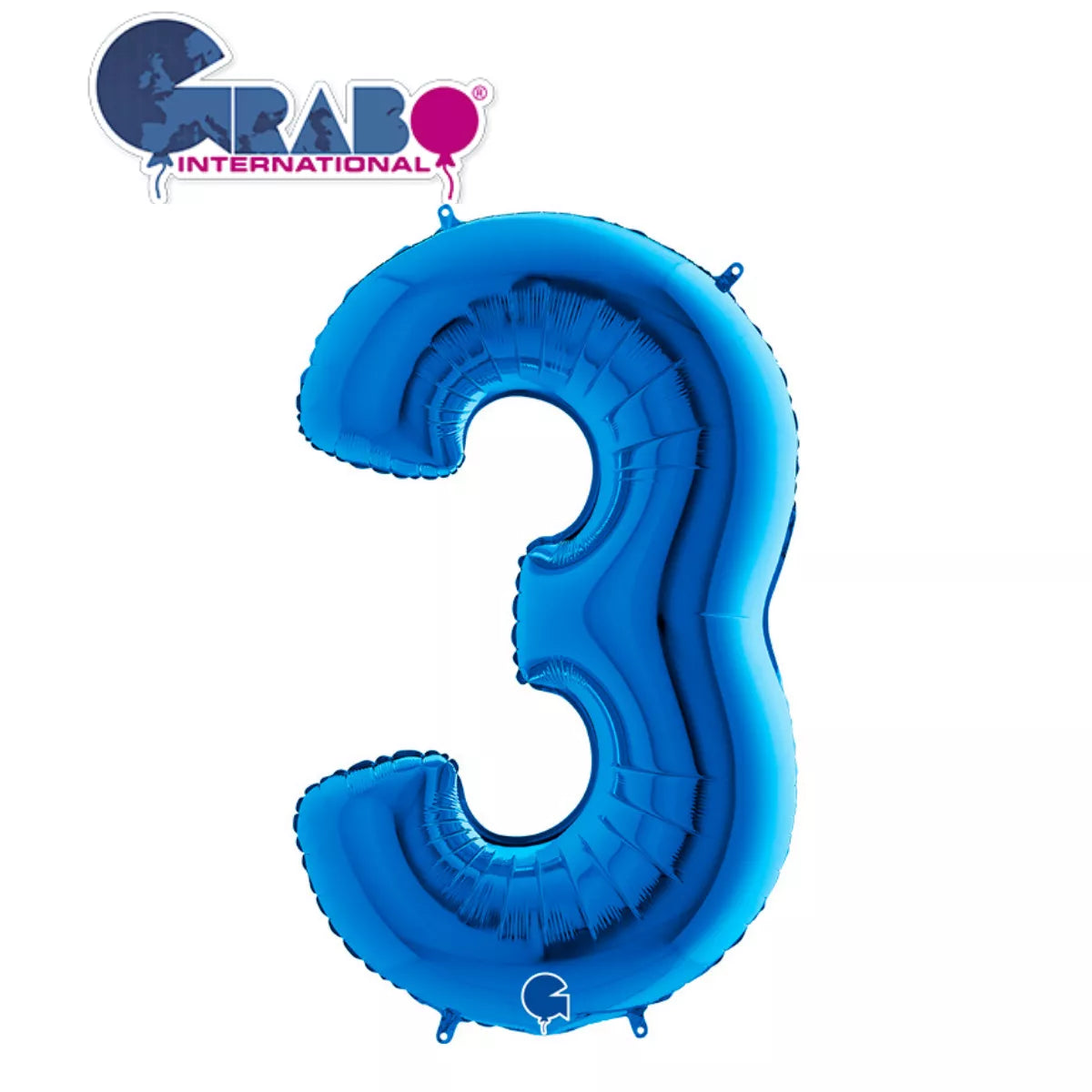 Blue Grabo foil balloon shaped as the number 3, 40 inches tall, shiny metallic surface, ideal for celebration decorations.