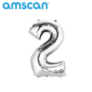 Silver 16-inch Anagram foil balloon shaped as the number 2, shiny metallic finish, perfect for celebrations and special occasions.