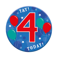 Six small Tiger Feet birthday badges showing age 4 with colorful designs for kids' birthday celebrations.