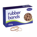Assorted rubber bands in a 454g pack by County Stationery, shown stacked and ready for office or craft use.