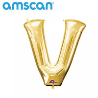 Gold 16-inch Anagram foil letter V balloon, shiny metallic finish, inflated and floating, perfect for celebrations.
