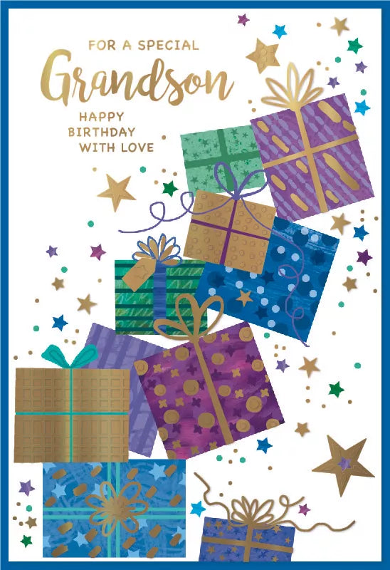 Six Simon Elvin C50 birthday cards featuring cheerful designs for a grandson, ideal for celebrating a special birthday.