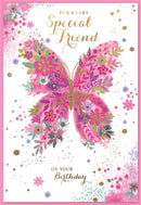 Six Simon Elvin C50 Birthday Special Friend greeting cards featuring colorful designs and cheerful messages.