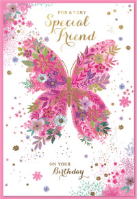 Six Simon Elvin C50 Birthday Special Friend greeting cards featuring colorful designs and cheerful messages.