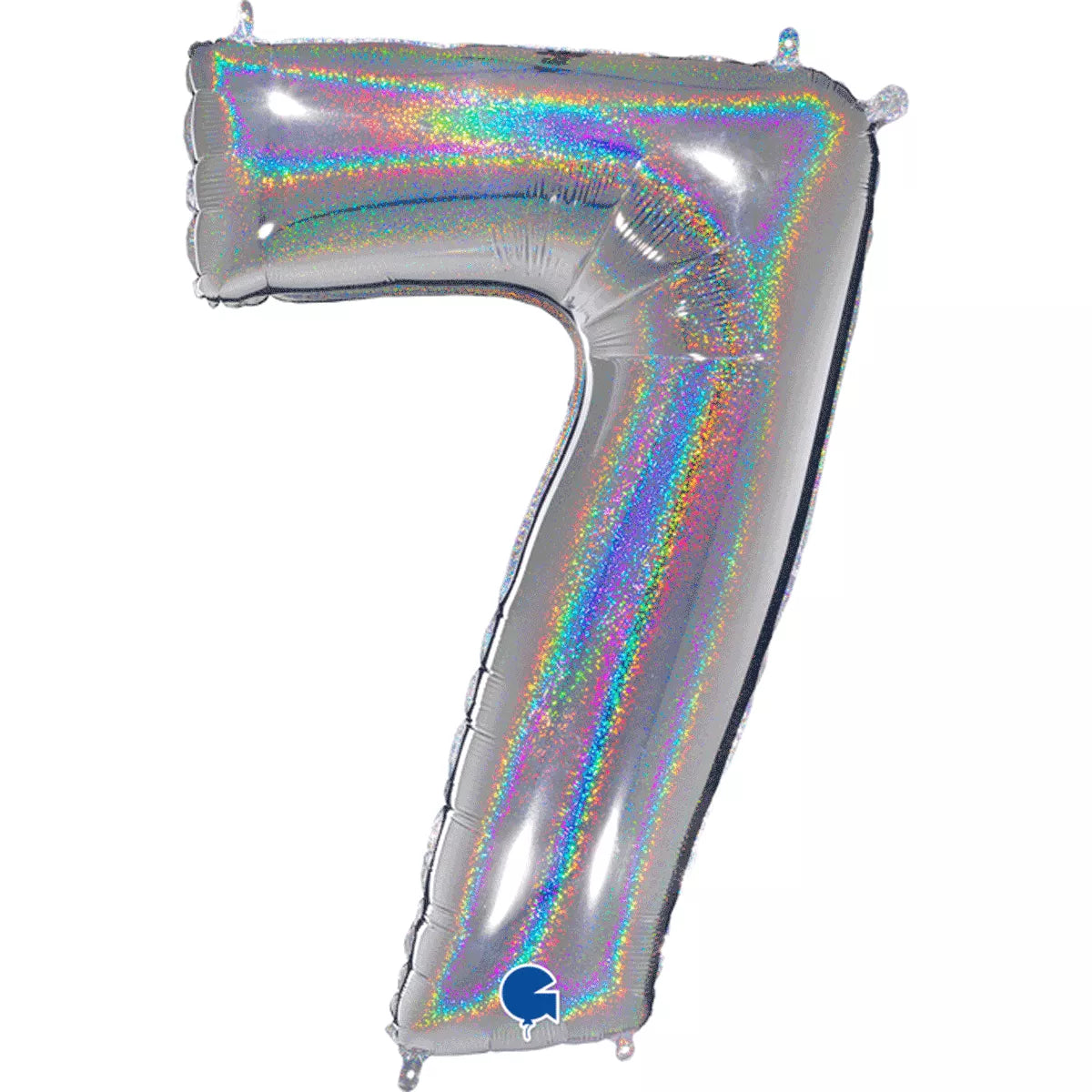 Silver Grabo foil balloon in number 7 shape with holographic glitter finish, measuring 40 inches tall.