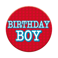 Six small birthday-themed badges from Tiger Feet featuring open design with festive patterns and colorful details.