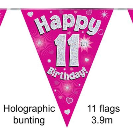 Bunting 11 Flags Pink Holographic Birthday Age 11