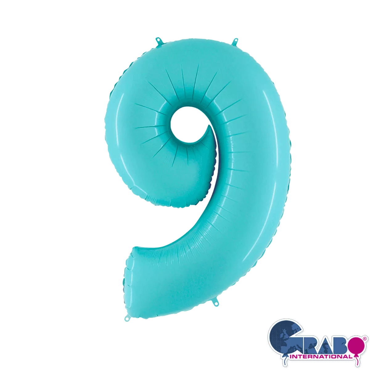 Pastel blue Grabo foil balloon in the shape of number 9, 26 inches tall, with shiny metallic finish and printed number design.