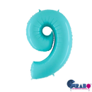 Pastel blue Grabo foil balloon in the shape of number 9, 26 inches tall, with shiny metallic finish and printed number design.