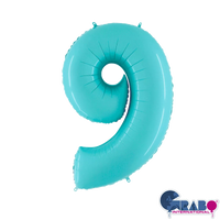 Pastel blue Grabo foil balloon in the shape of number 9, 26 inches tall, with shiny metallic finish and printed number design.