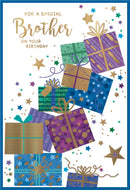Set of six Simon Elvin birthday cards for brothers, featuring colorful designs and heartfelt messages.