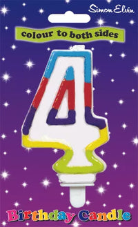 Simon Elvin multicolour glitter number 4 candle for parties, featuring vibrant colors and a sparkling design for special occasions.