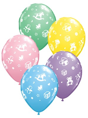 Assorted 11-inch Qualatex latex nursery print balloons, 25-pack, featuring colorful printed designs on smooth latex surfaces.