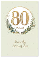 Six Simon Elvin C50 birthday cards featuring an 80th age theme, decorated with colorful designs for celebrating milestone birthdays.