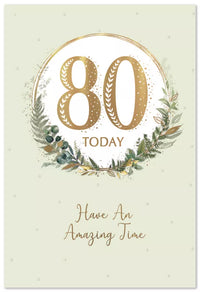 Six Simon Elvin C50 birthday cards featuring an 80th age theme, decorated with colorful designs for celebrating milestone birthdays.