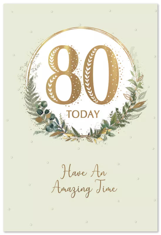 Six Simon Elvin C50 birthday cards featuring an 80th age theme, decorated with colorful designs for celebrating milestone birthdays.