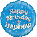 Blue 18-inch round holographic foil balloon with "Happy Birthday Nephew" text from Oaktree, featuring shiny, reflective surface.