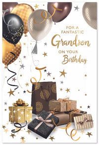 Six Simon Elvin C50 birthday cards for grandson featuring colorful designs and cheerful messages.